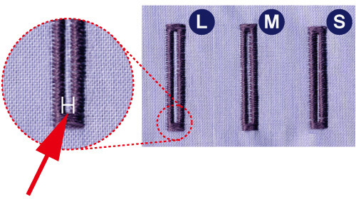 ●家庭用ミシン初！3段階でメス幅を変更できます。 幅狹にして穴をあけると生地のほつれが少なくなります。